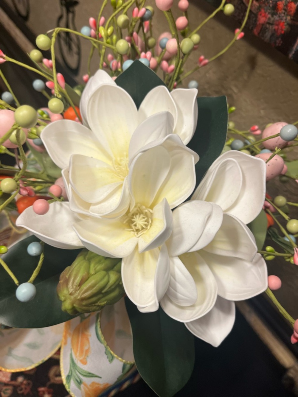 Floral Magnolia Spring Berry Arrangement with Yellow Ribbon - Home Accents